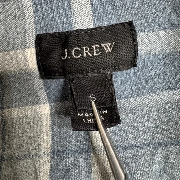 J. CREW Button Up Twill Shirt Suede Elbow Patches SM Plaid Blue Gray Equestrian - Picture 3 of 10